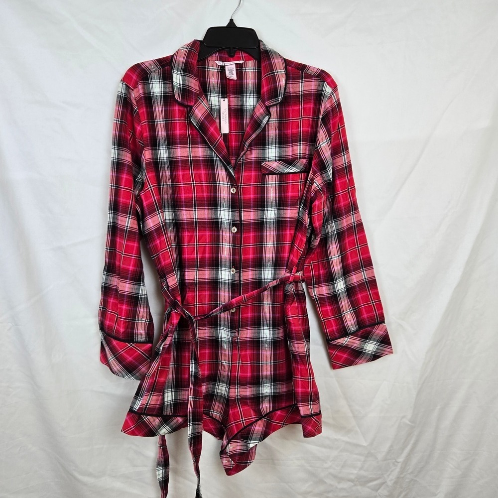 Victoria's Secret Red Metallic Gold Plaid Long Sleeve Romper Pajama Medium NEW